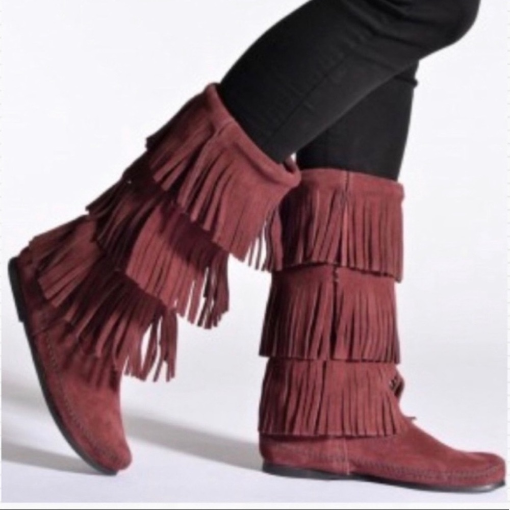 Minnetonka 3 Layer Fringe Burgundy Moccasin Boots